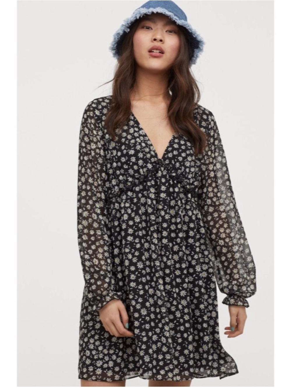 H&M Black Floral Long Sleeve Ruffle Mini Dress Size Small